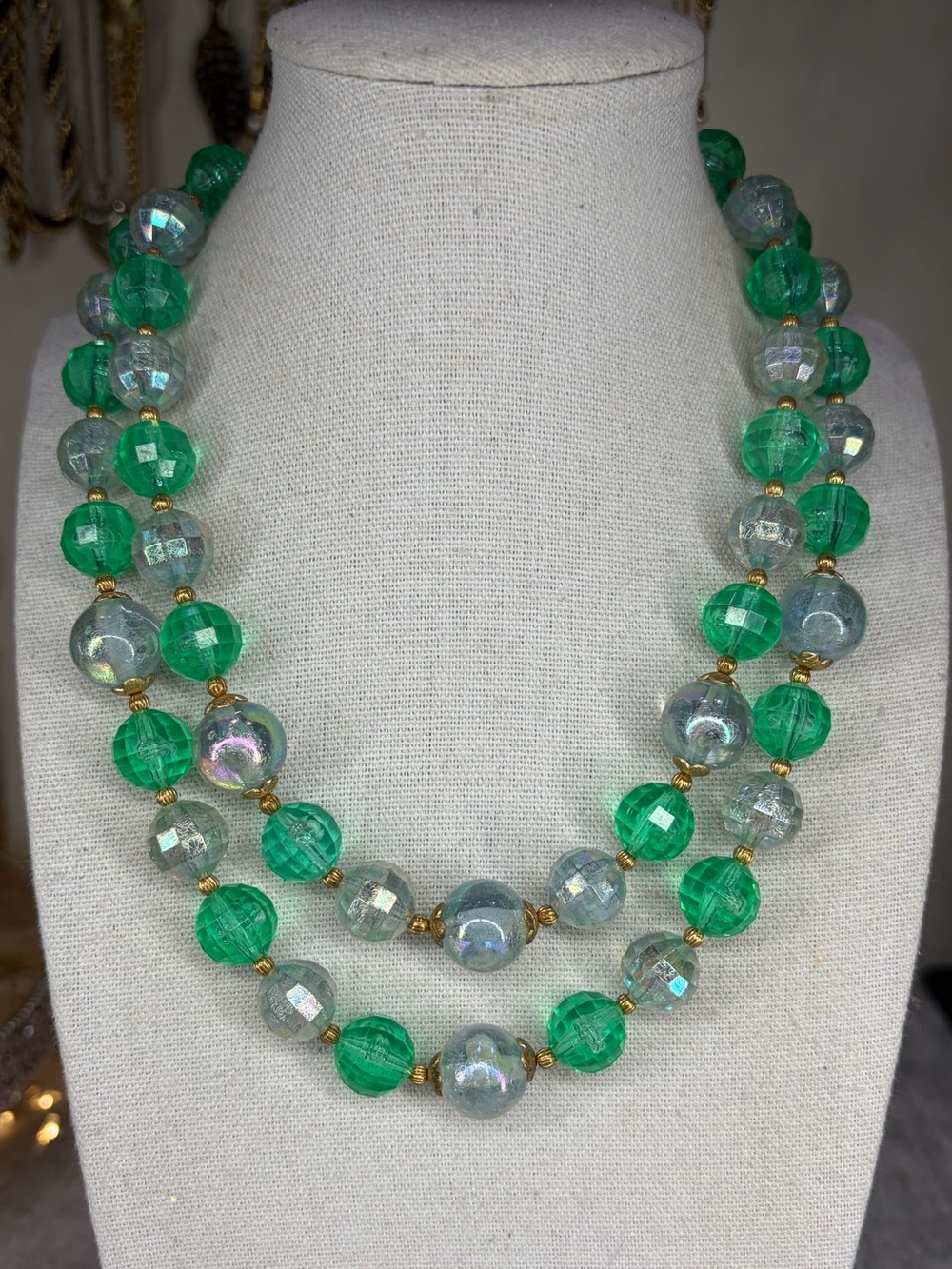 Lisner Vintage Necklace Double Layer Gold Tone Beaded Jewelry Green
